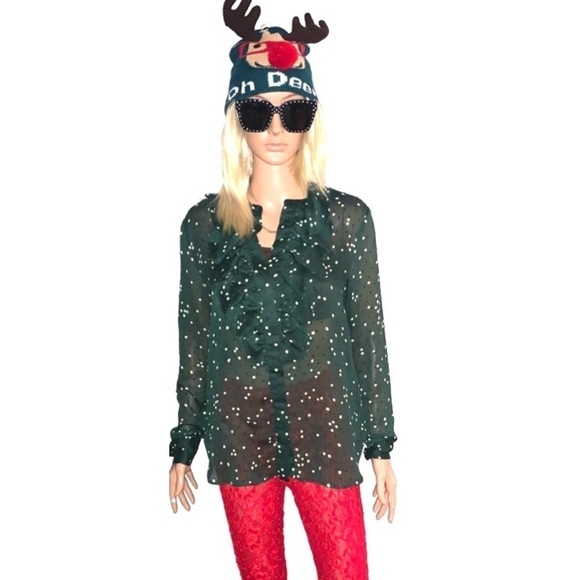 H&M Plumeti Blouse Dark Green with White Polka Dots Ruffle Ling Sleeve 12 - Picture 4 of 9